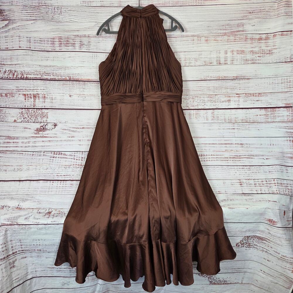 Mac Duggal Formal Tea-Length Dress 14 Cocoa Brown Asymmetric Pleated Ruffle NWT - Picture 6 of 16